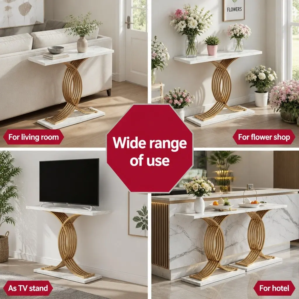 Console Table MDF Faux Marble Effect White Gold 100cm x 30cm x 81cm