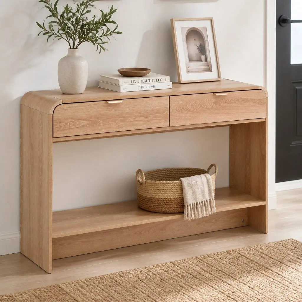 Console Table Pine 120CM Curved Edge Storage Drawer Shelf