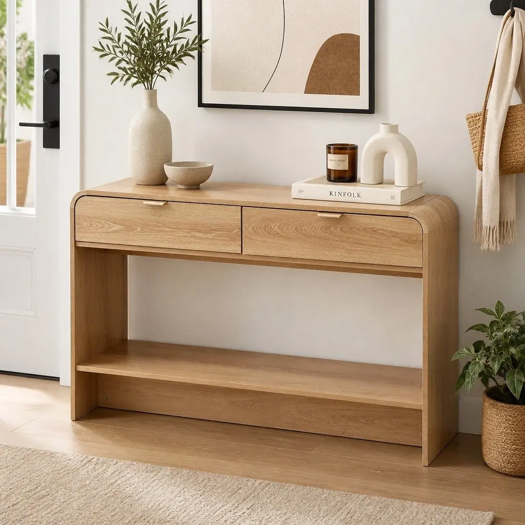 Console Table Pine 120CM Curved Edge Storage Drawer Shelf