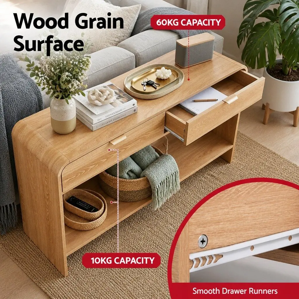 Console Table Pine 120CM Curved Edge Storage Drawer Shelf