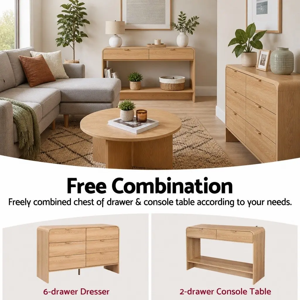 Console Table Pine 120CM Curved Edge Storage Drawer Shelf