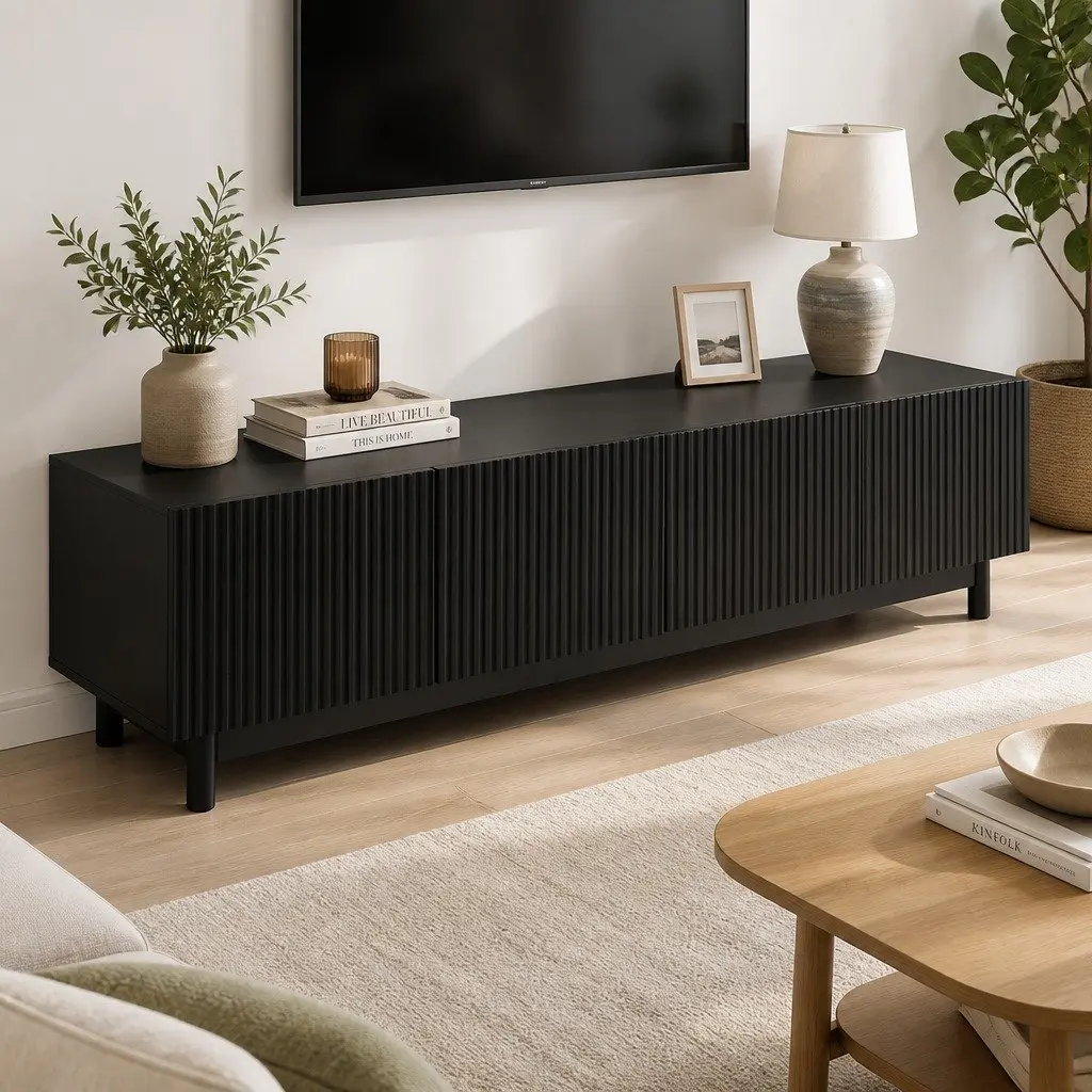 TV Unit Entertainment Storage Cabinet E1 Particle Board 180cm Black