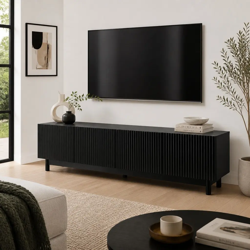TV Unit Entertainment Storage Cabinet E1 Particle Board 180cm Black