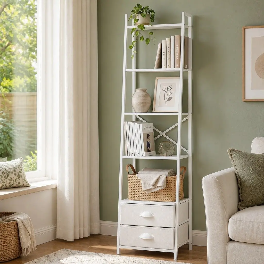 5 Tier Bookcase Metal Frame Particle Board White