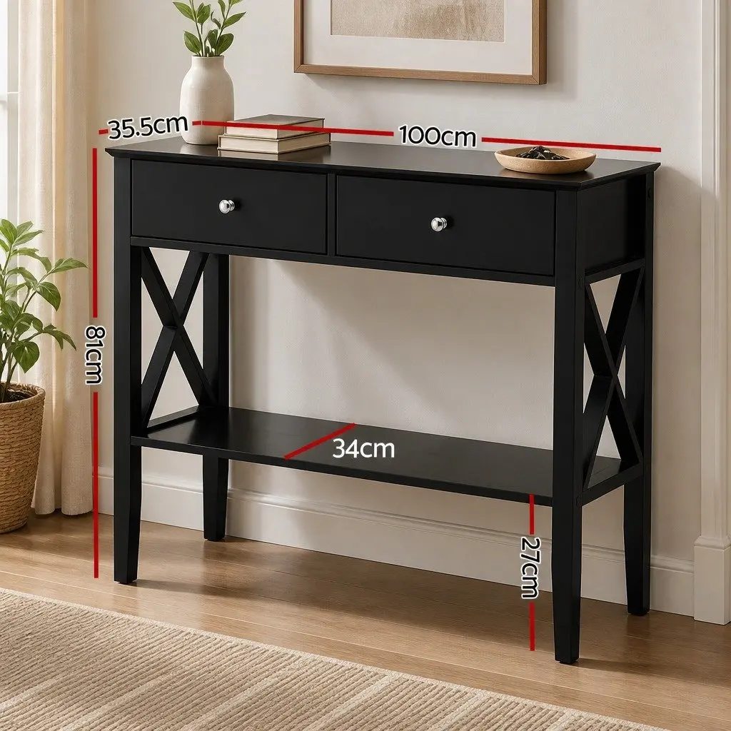 Console Table E1 MDF 100cm Black 2 Drawers Living Room Side Table Storage Open Shelf