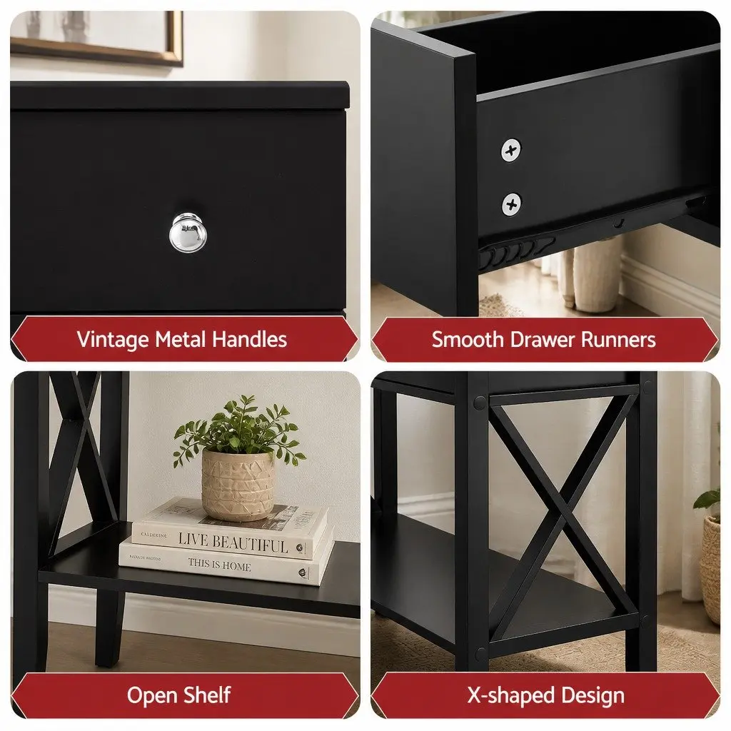 Console Table E1 MDF 100cm Black 2 Drawers Living Room Side Table Storage Open Shelf