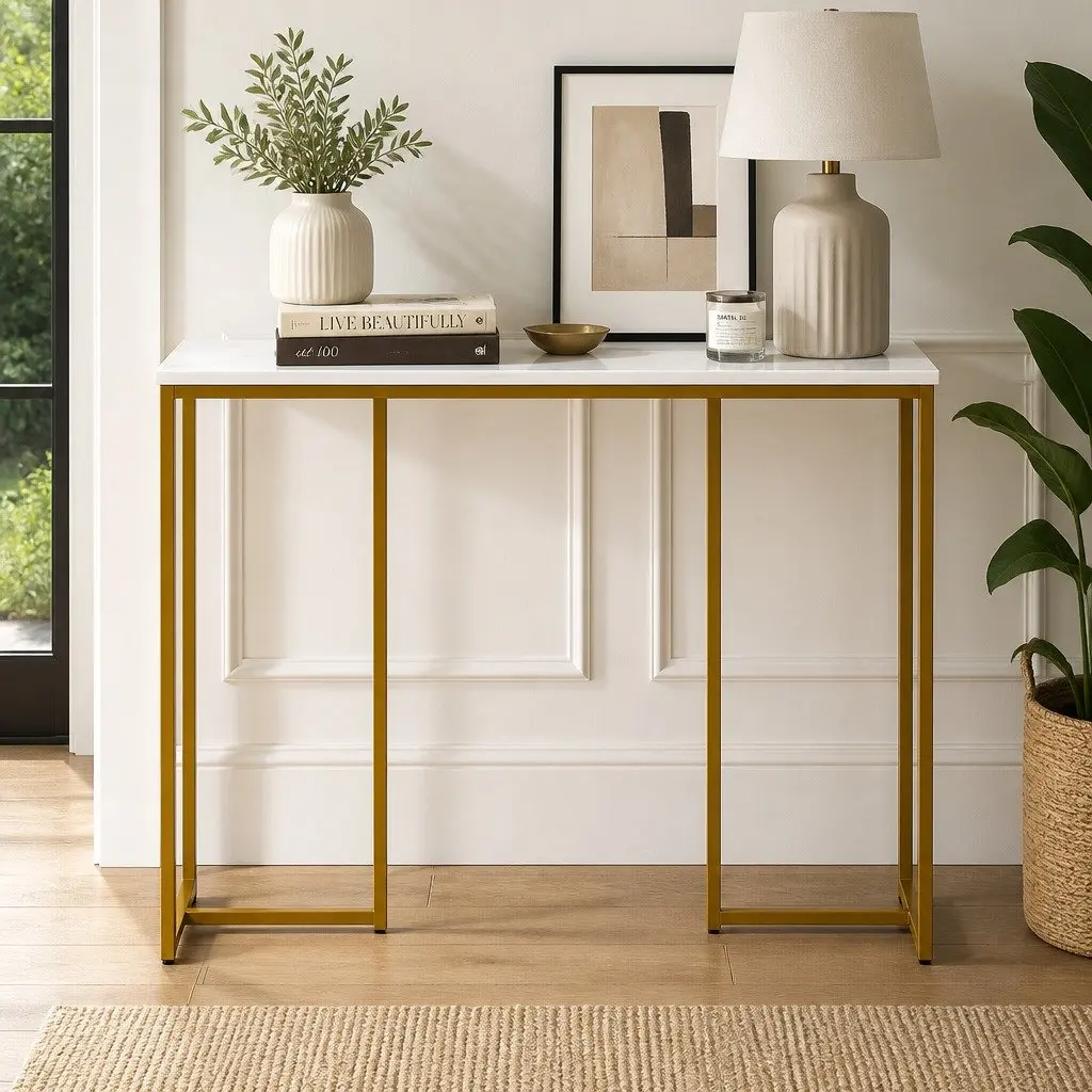 Console Table Marble Effect E1 Particle Board Metal Frame 95cm White Gold