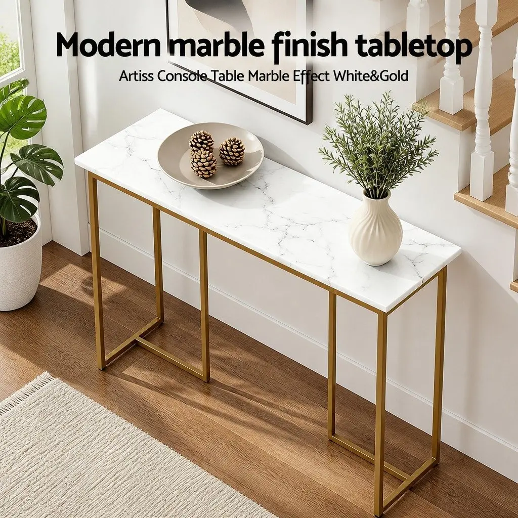 Console Table Marble Effect E1 Particle Board Metal Frame 95cm White Gold