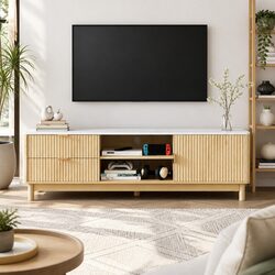 Pine Wood TV Entertainment Unit with Storage Drawers