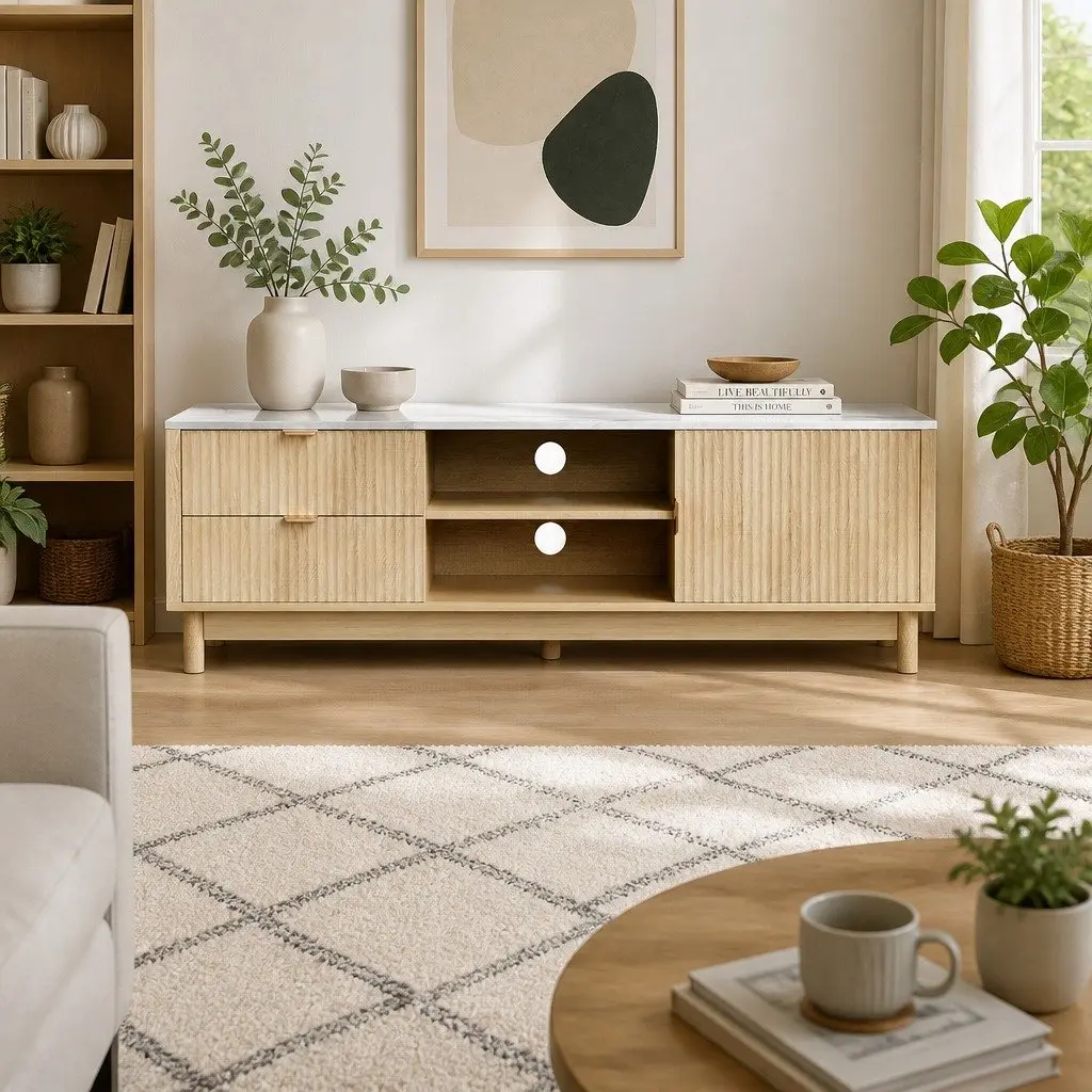 TV Unit MDF 150cm Pine Wood with Storage Drawers Open Shelves