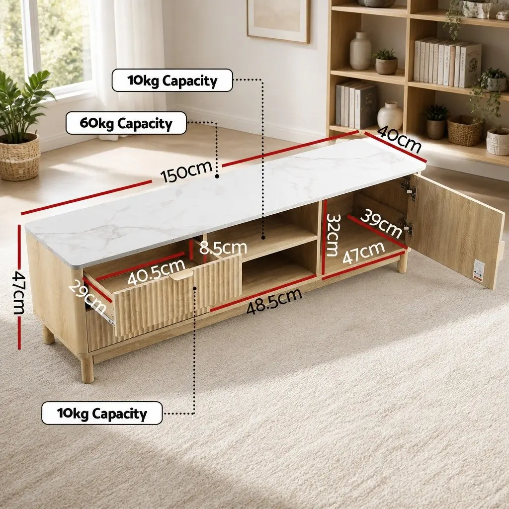 TV Unit MDF 150cm Pine Wood with Storage Drawers Open Shelves