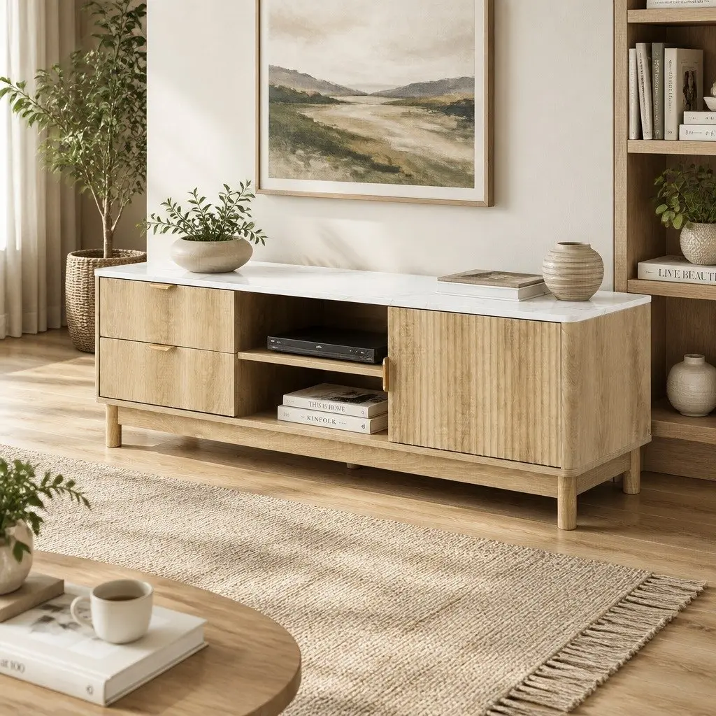 TV Unit MDF 150cm Pine Wood with Storage Drawers Open Shelves