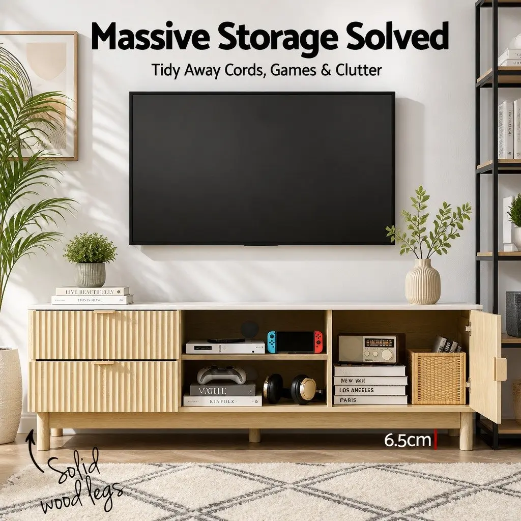 TV Unit MDF 150cm Pine Wood with Storage Drawers Open Shelves
