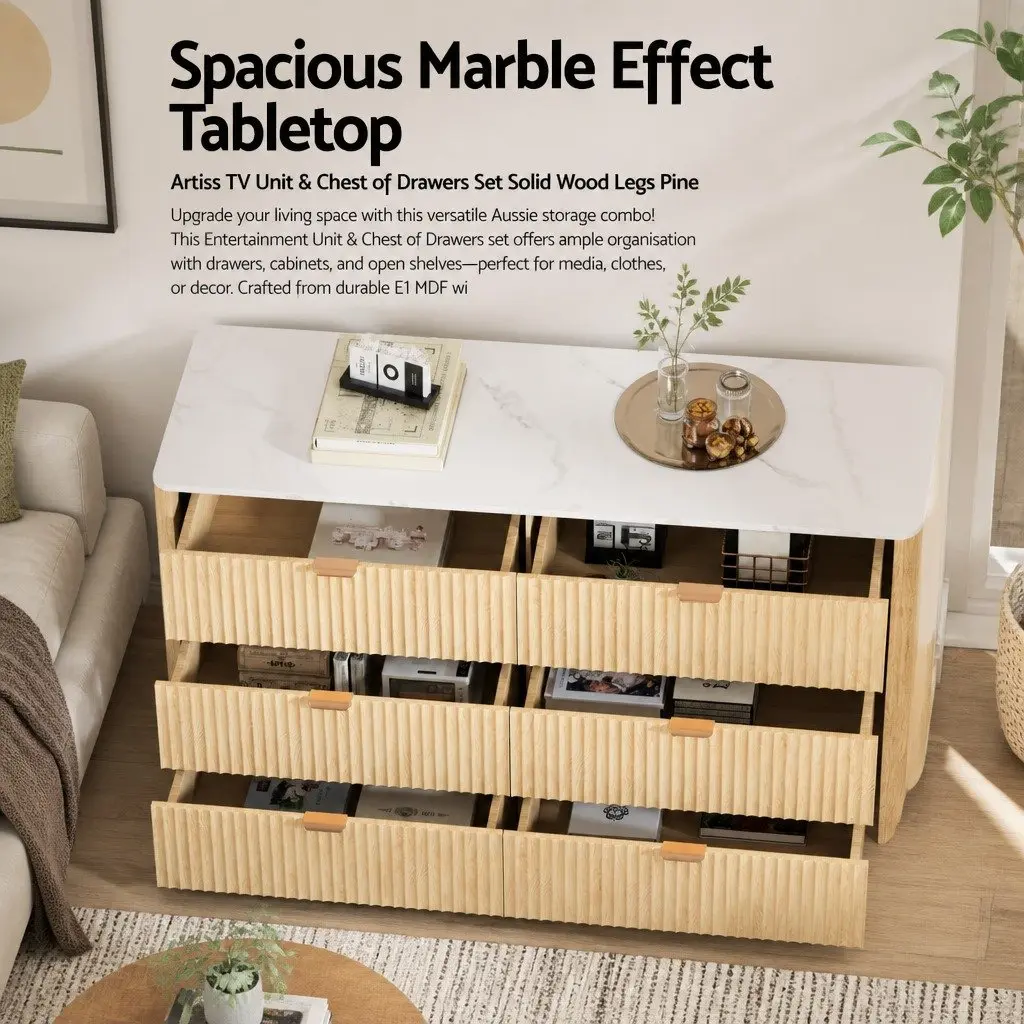 TV Unit Chest of Drawers Set E1 MDF Pine 2 Piece Storage Combo