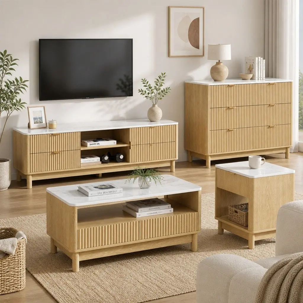 TV Unit Chest of Drawers Set E1 MDF Pine 2 Piece Storage Combo