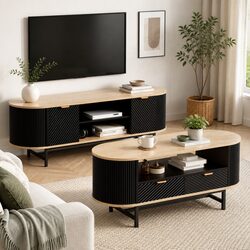 Stylish Black Pine TV Unit and Coffee Table Set