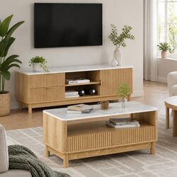 TV Entertainment Unit & Coffee Table Set with Storage Drawers Pine Wood Legs