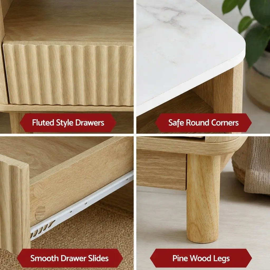 Entertainment Unit Coffee Table Set MDF Melamine Veneer Pine Wood 2 Drawers 2 Shelves 1 Cabinet 150cm x 40cm x 47cm 90cm x 45cm x 40cm