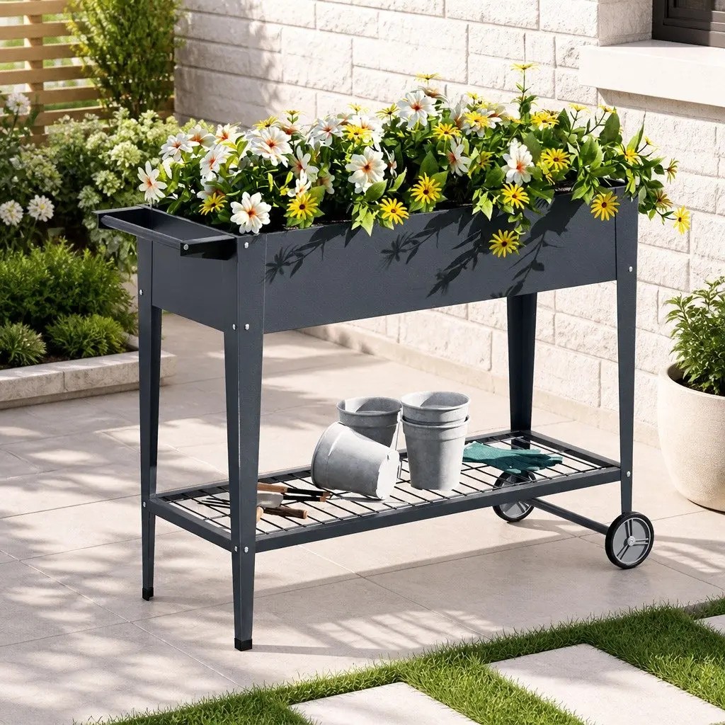 Raised Garden Bed with Wheels and Storage Shelf