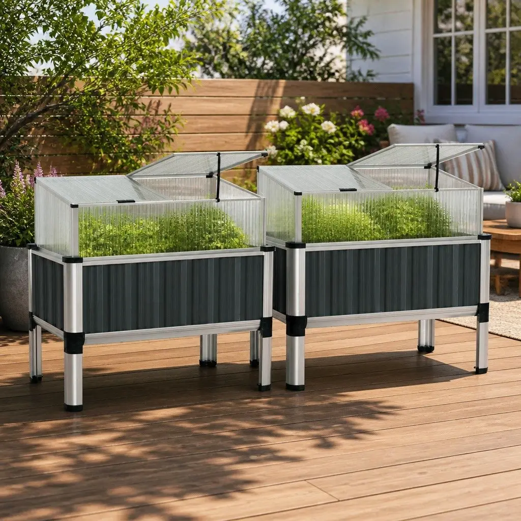 Raised Garden Bed Set with Polycarbonate Roof