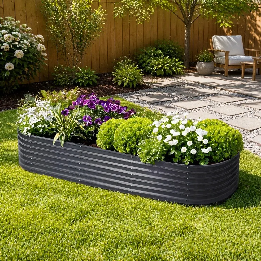 Raised Garden Bed Galvanised Steel 240x80x42cm Aluminium Grey Oval Planter Box