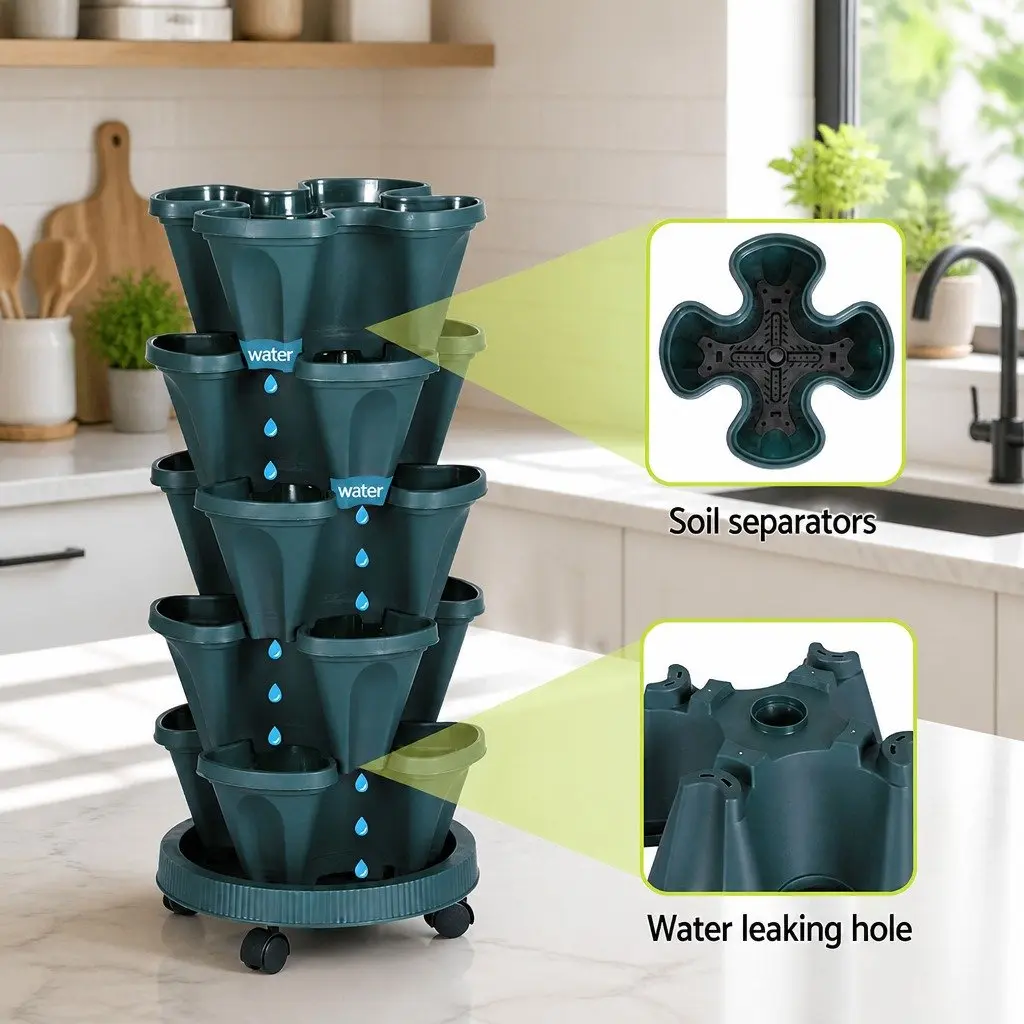 5 Tier Stackable Planter Set Plastic Dark Green Indoor Outdoor