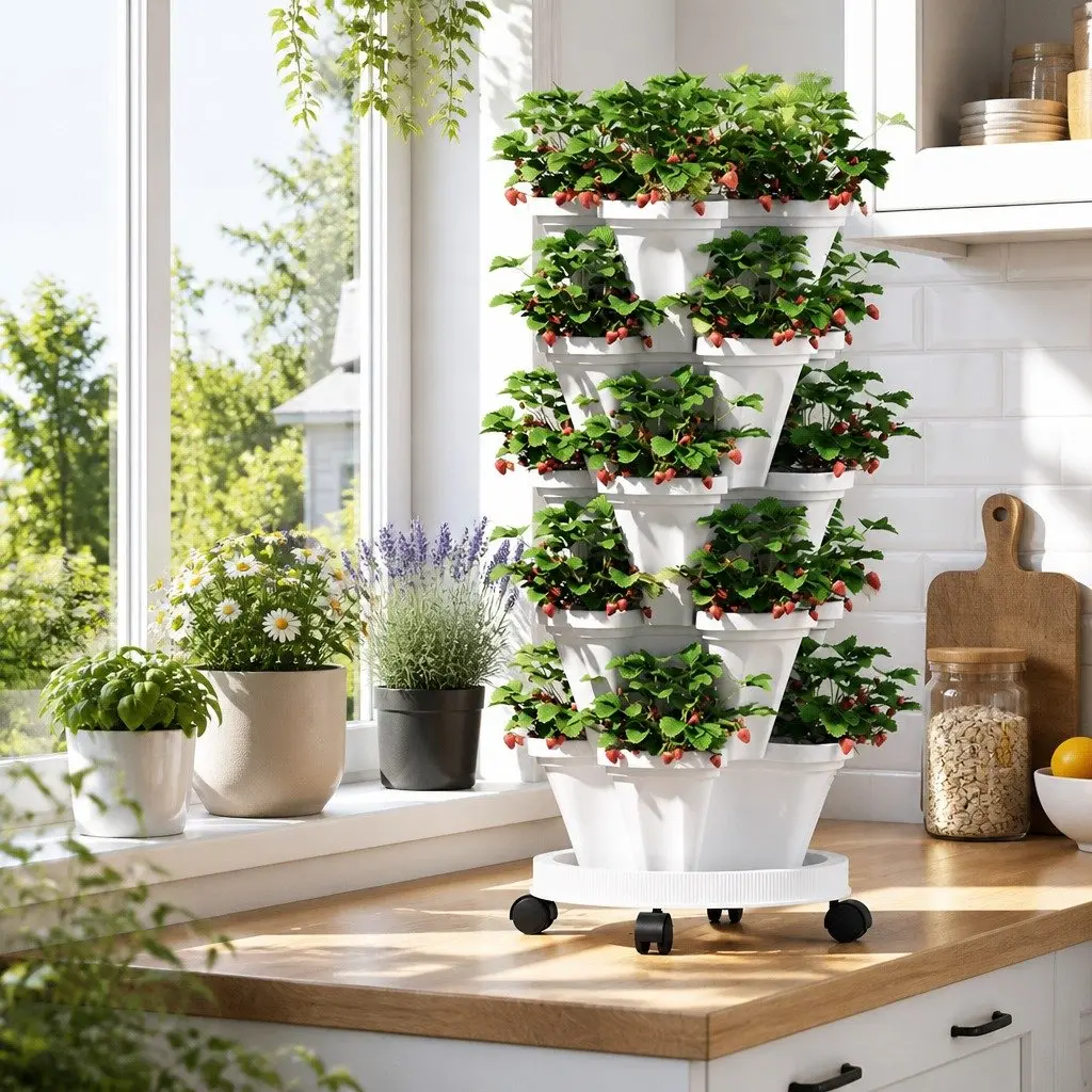 5 Tier Stackable Planter Plastic 35cm x 35cm x 75cm White