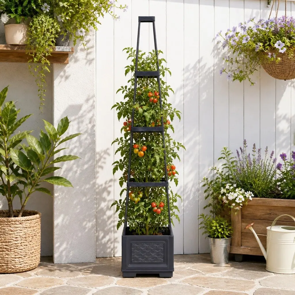 Self Watering Vertical Planter Tower PP 140cm Grey 4 Layer