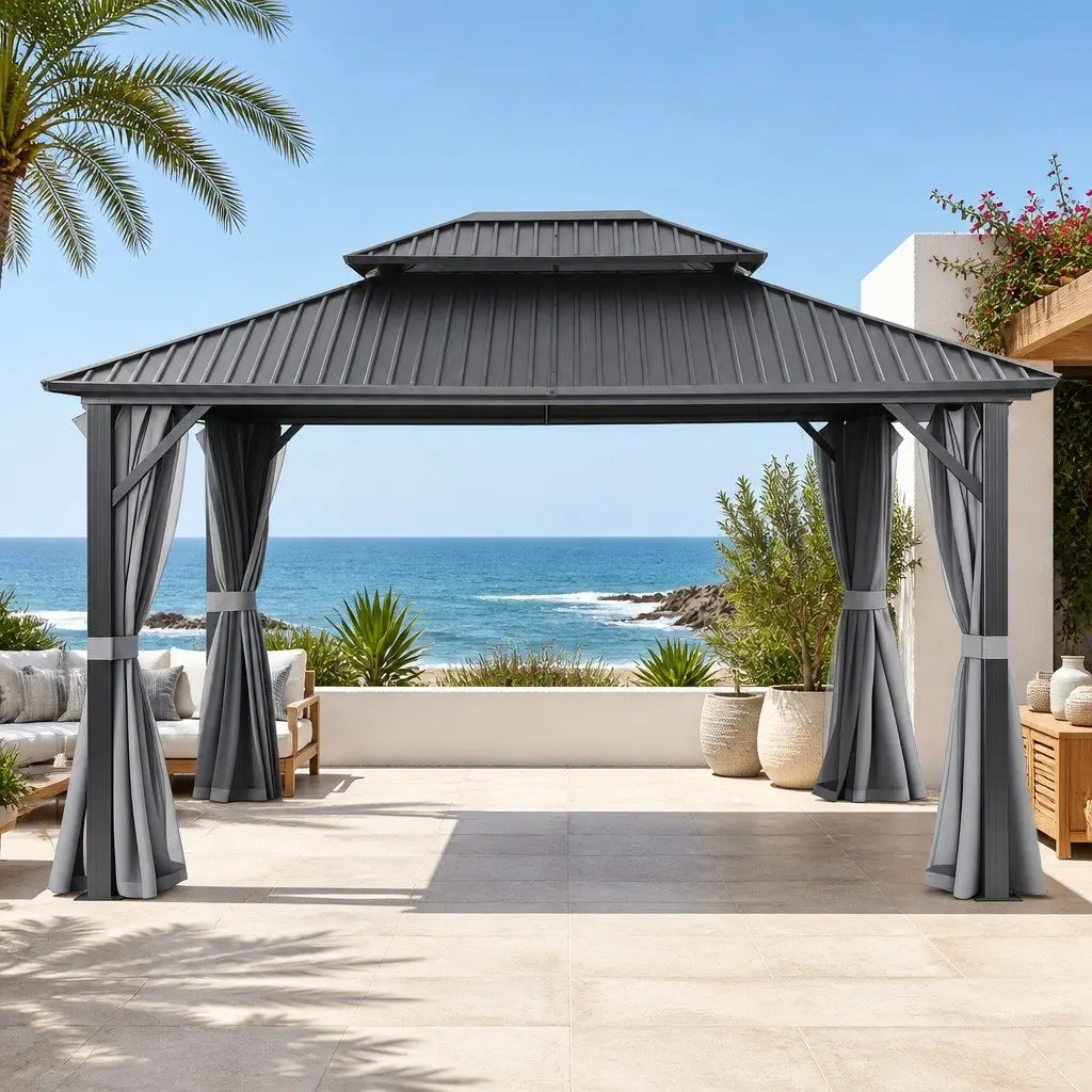 Gazebo Steel Frame 3x3.65m Grey Outdoor Canopy Patio Tent with Mesh Curtains