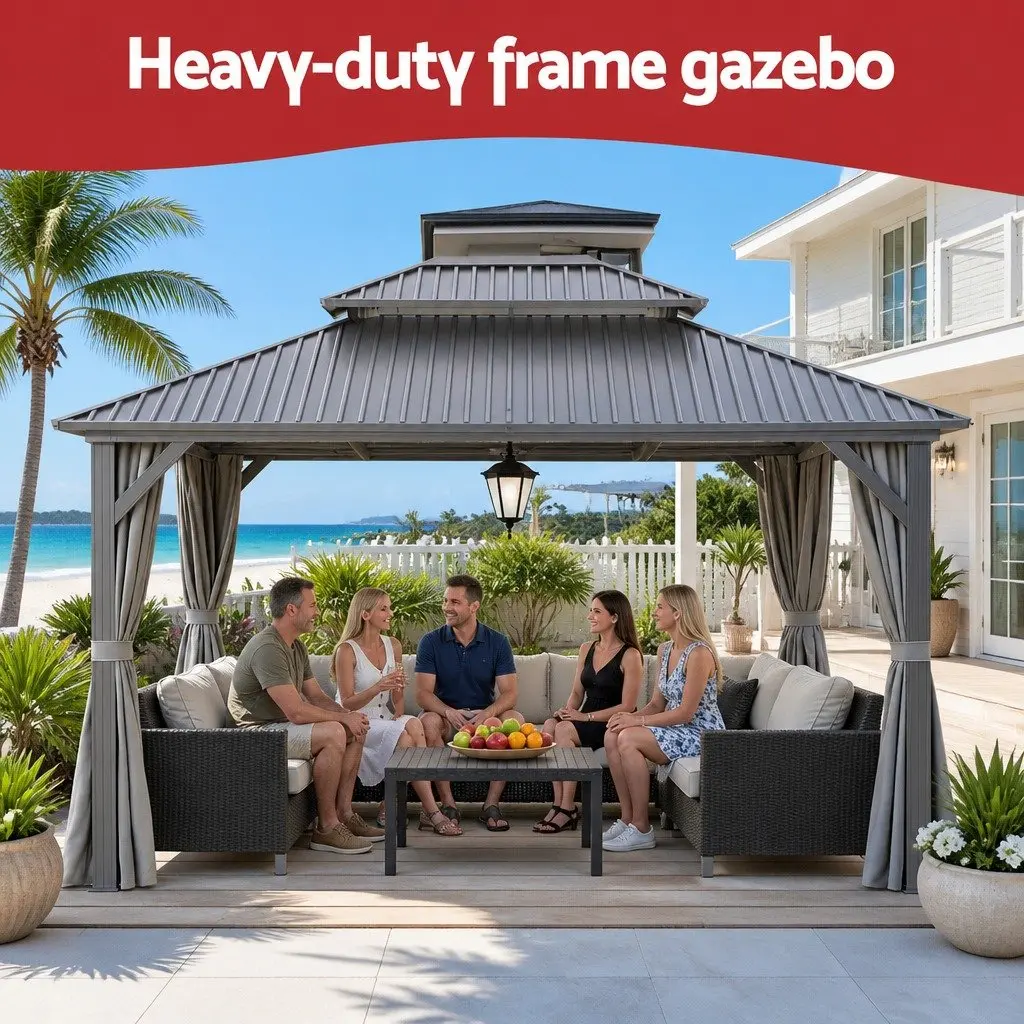 Gazebo Steel Frame 3x3.65m Grey Outdoor Canopy Patio Tent with Mesh Curtains