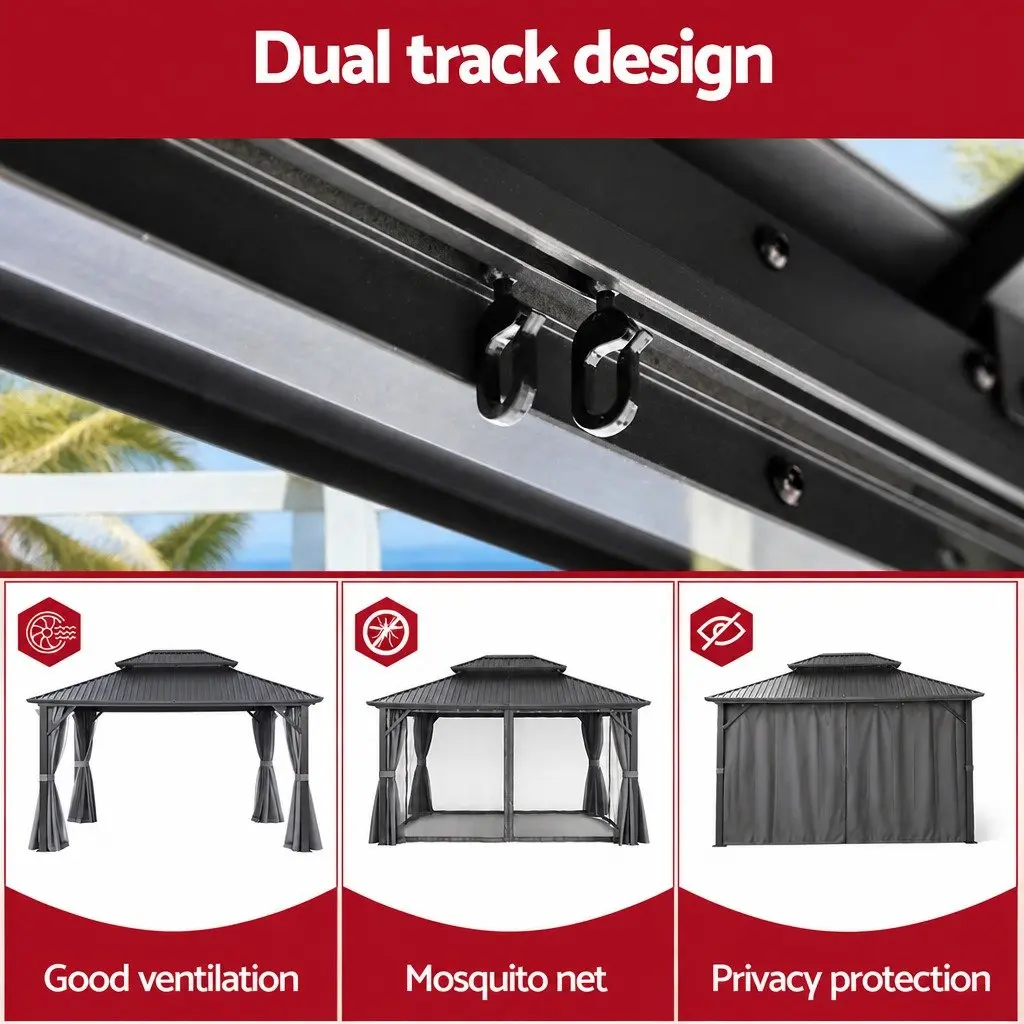 Gazebo Steel Frame 3x3.65m Grey Outdoor Canopy Patio Tent with Mesh Curtains