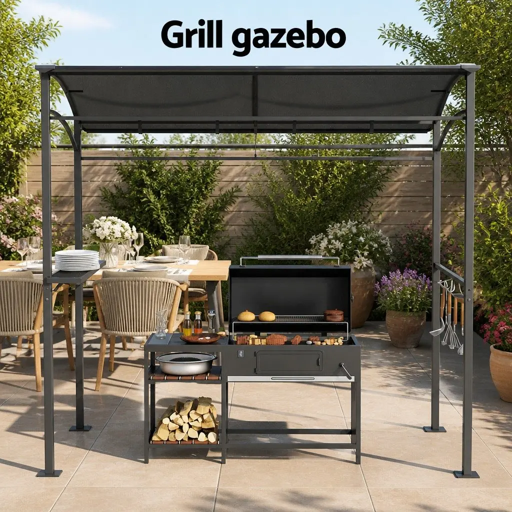 Grill Gazebo Steel Frame 218cm x 112cm x 213cm Grey PU Coated Polyester