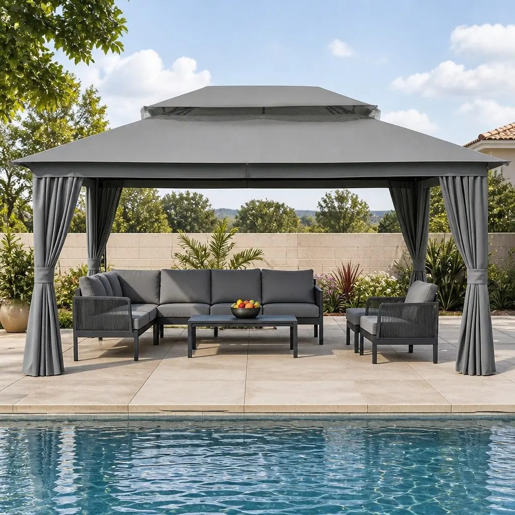 Gazebo Steel Frame 3x4m Grey Canopy Outdoor Patio Tent with Mosquito Mesh Curtains