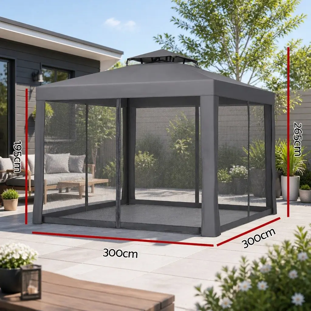 Gazebo 150G PU Coated Polyester 3m x 3m Grey Outdoor Event Tent with Powder Coated Steel Frame and Insect Proof Mesh Walls