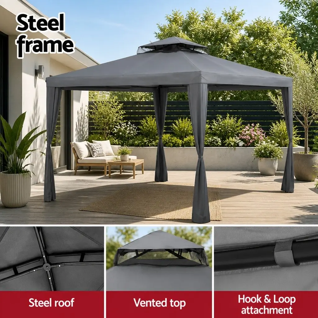 Gazebo 150G PU Coated Polyester 3m x 3m Grey Outdoor Event Tent with Powder Coated Steel Frame and Insect Proof Mesh Walls