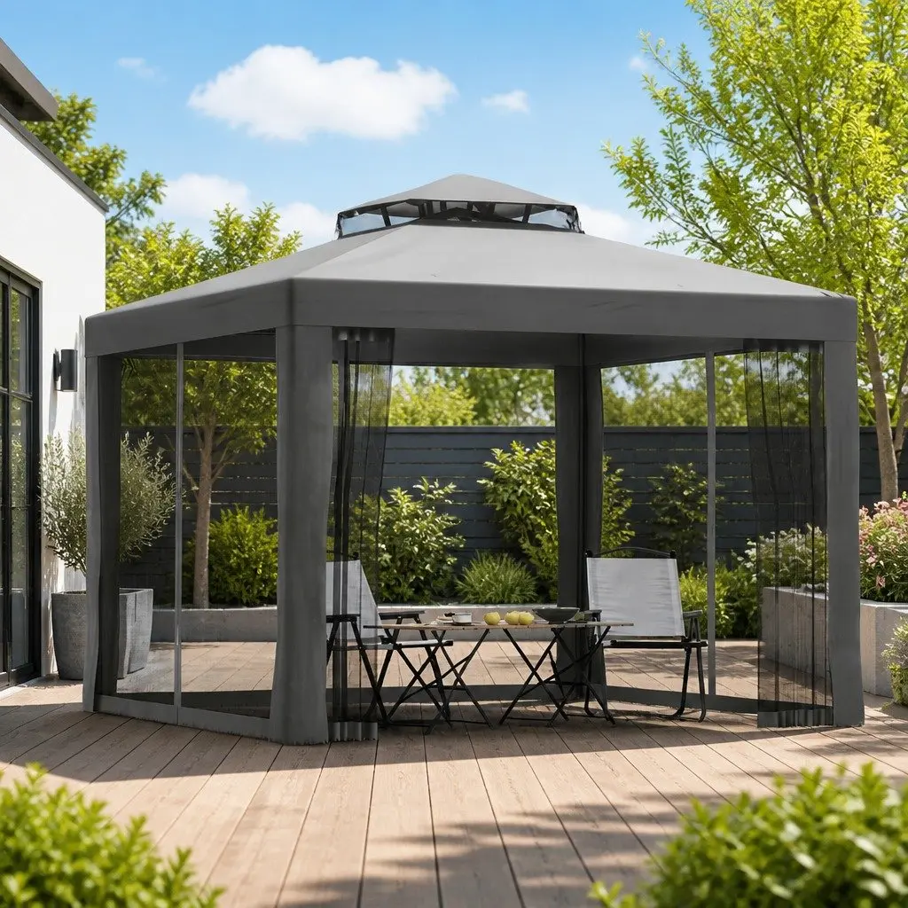 Gazebo 150G PU Coated Polyester 3m x 3m Grey Outdoor Event Tent with Powder Coated Steel Frame and Insect Proof Mesh Walls
