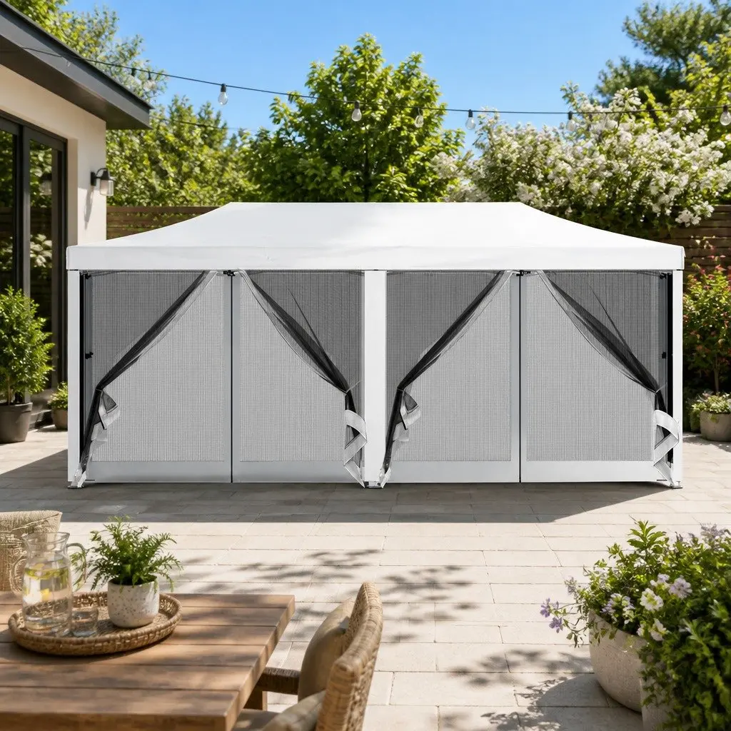Pop Up Gazebo Canopy 210D Oxford Fabric 3x6m White Outdoor Camping Tent with Mesh Walls