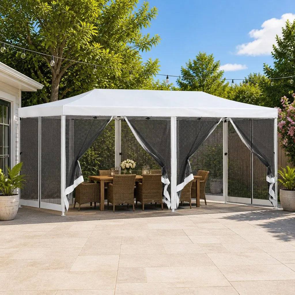 Pop Up Gazebo Canopy 210D Oxford Fabric 3x6m White Outdoor Camping Tent with Mesh Walls