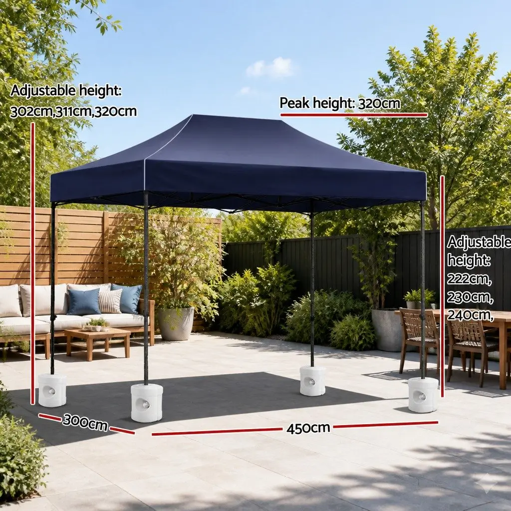 Pop Up Gazebo 3x4.5m Oxford Fabric Navy Folding Marquee Tent with 4 Plastic Base Pods