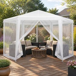 Hexagonal Gazebo 2x2m Marquee Mesh Canopy Outdoor Wedding Party Tent Shade White