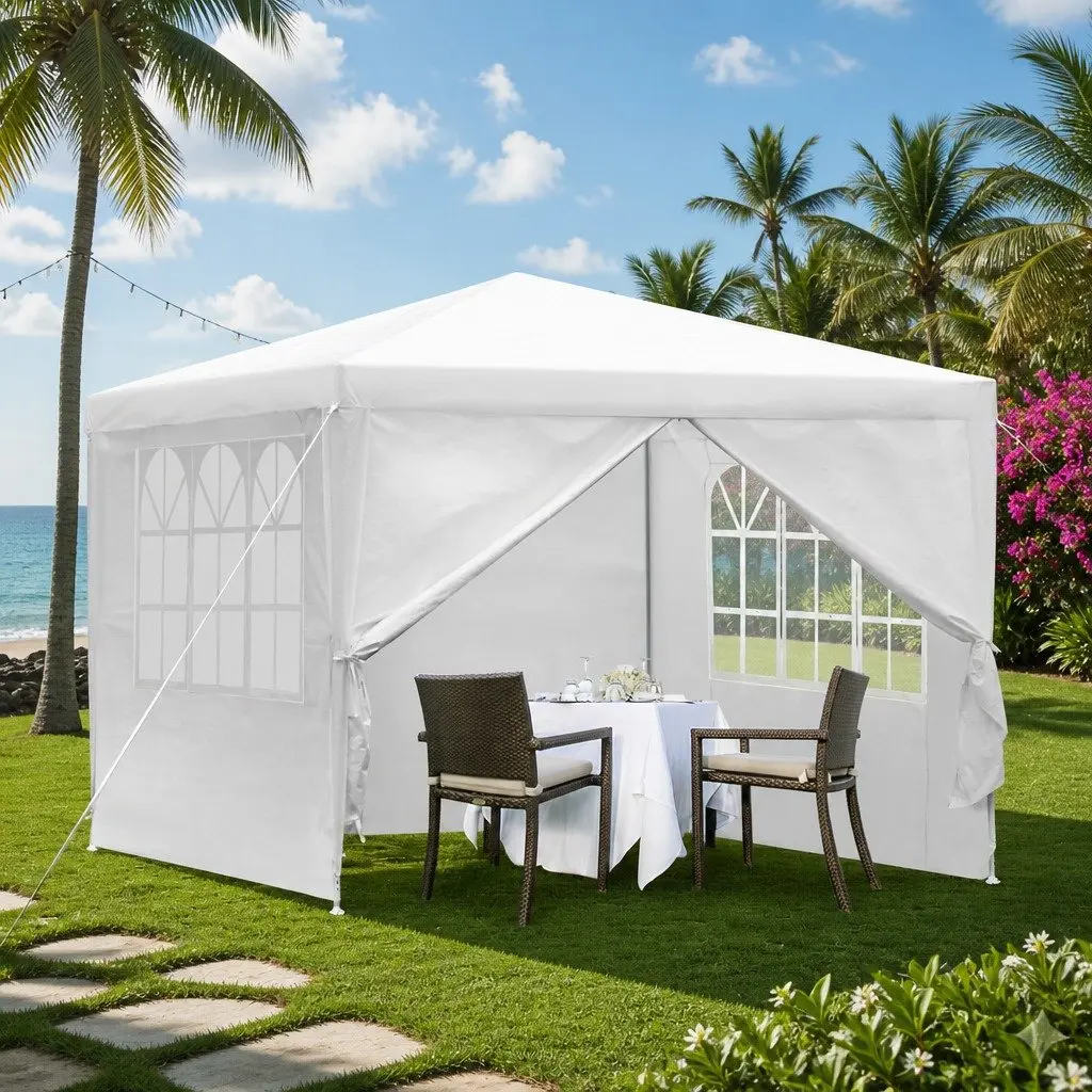 Gazebo 3x3m Steel White Canopy Outdoor Party Wedding Camping with Side Panels and Windows