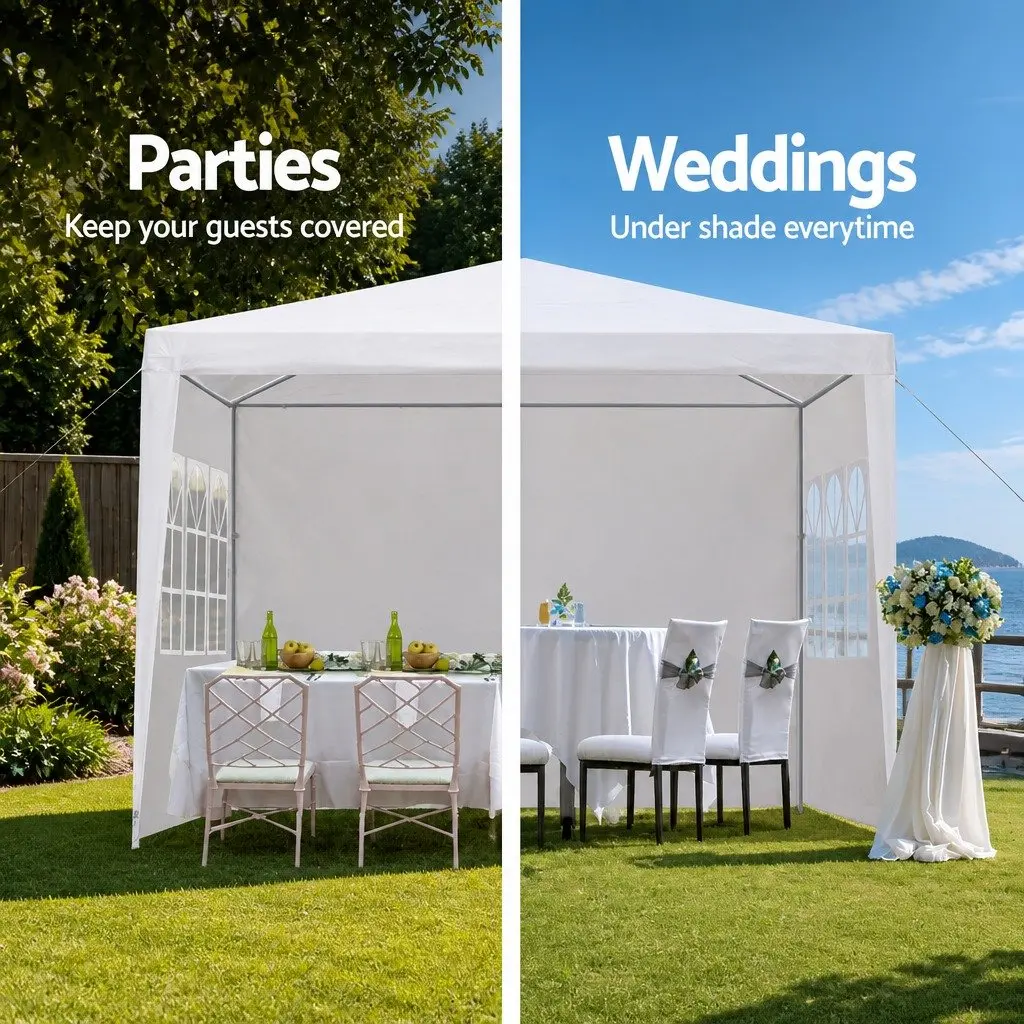 Gazebo 3x3m Steel White Canopy Outdoor Party Wedding Camping with Side Panels and Windows