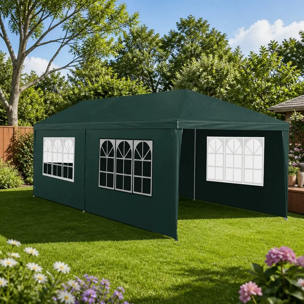 Gazebo 3x6m Green PE Canopy Steel Frame with 4 Window Panels
