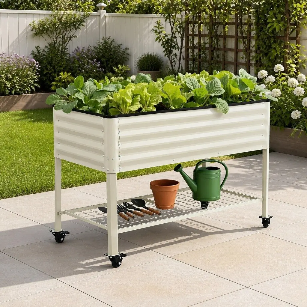 115cm Elevated Garden Bed with Wheels and Shelf