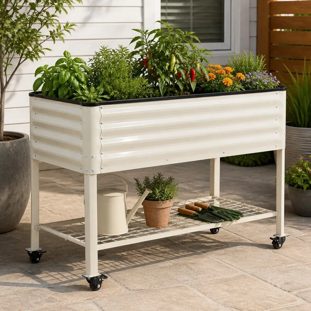 Elevated Garden Bed Galvanized Steel 115cm Mobile Planter with Wheels Storage Shelf White 81cm