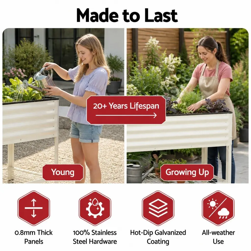 Elevated Garden Bed Galvanized Steel 115cm Mobile Planter with Wheels Storage Shelf White 81cm
