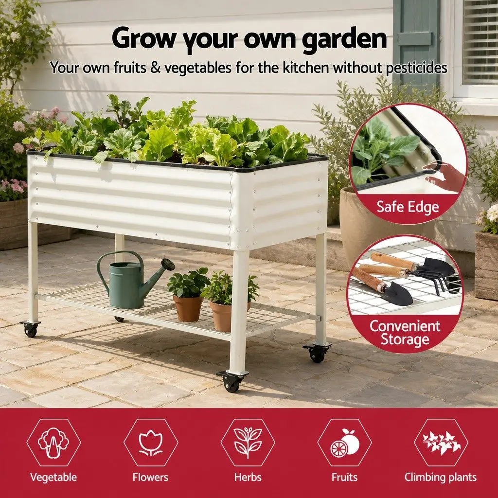 Elevated Garden Bed Galvanized Steel 115cm Mobile Planter with Wheels Storage Shelf White 81cm