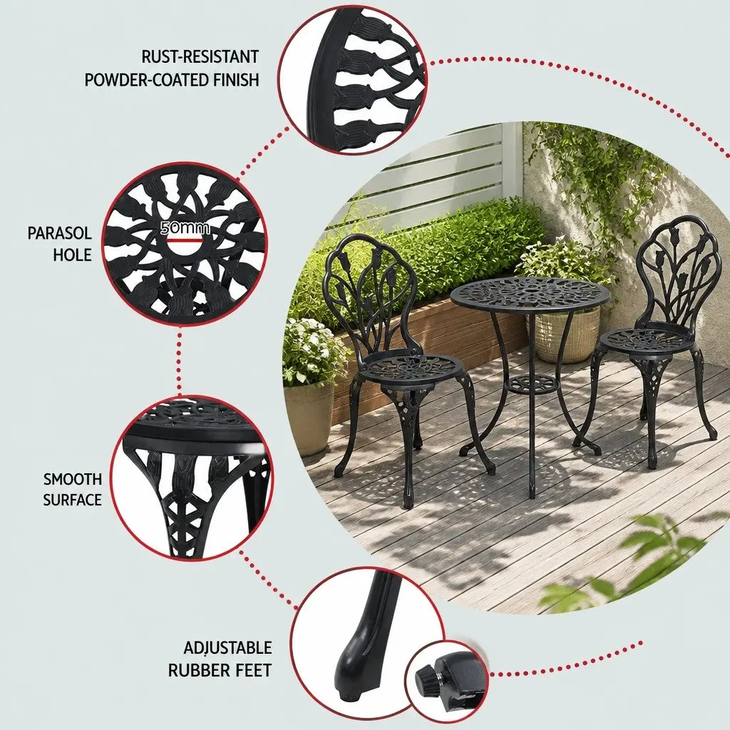 3PC Black Outdoor Bistro Set with Parasol Hole