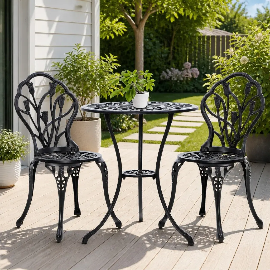 3PC Black Outdoor Bistro Set with Parasol Hole