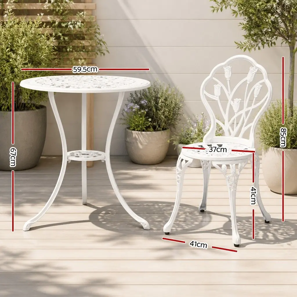 Outdoor Bistro Set Cast Aluminium White 3 Piece Garden Furniture